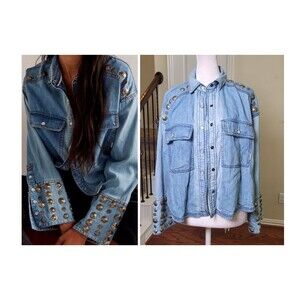We The Free Austin Studded Western Denim Sring Jacket Grunge Pearl Snap Rodeo XS
